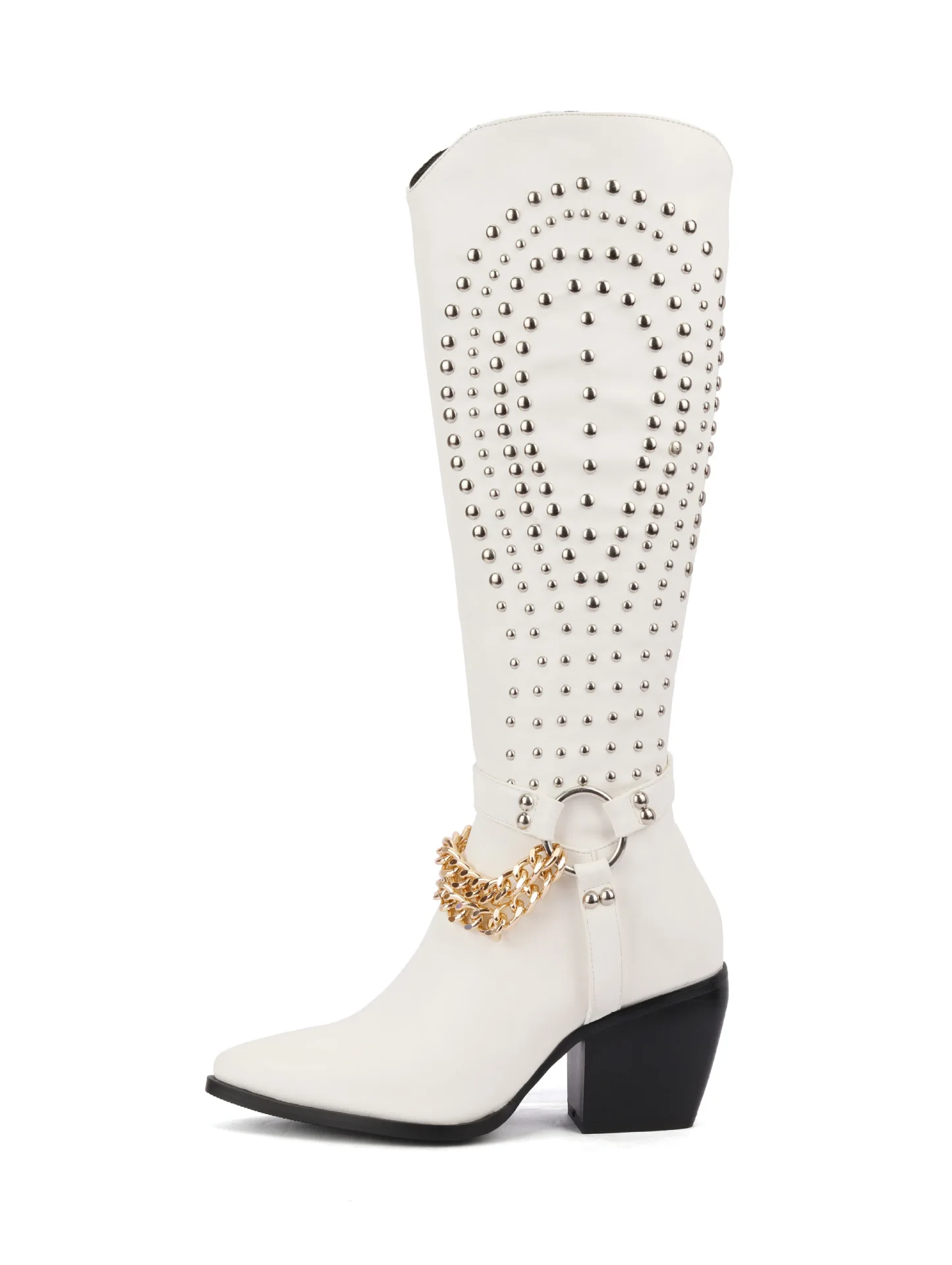 

Rivet Side Zipper Knee High Boots Pointed Toe Chunky Heeled Botas Metal Chain Winter Women Casual Shoes Plus Size