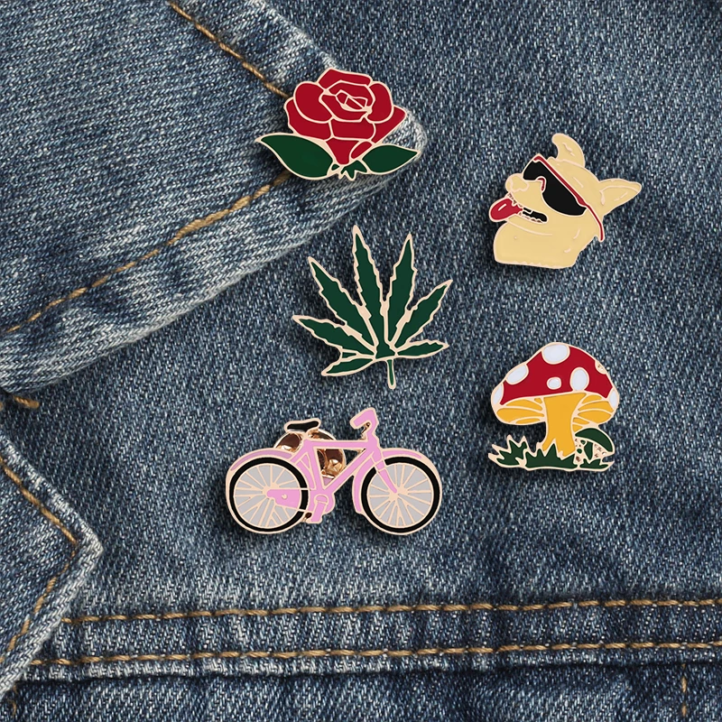 

Fashionable Rose Brooches For Women Cool Dog Leaf Mushroom Bicycle Pin Men Lapel Flower Accessories For Dress Pins Corsage Metal