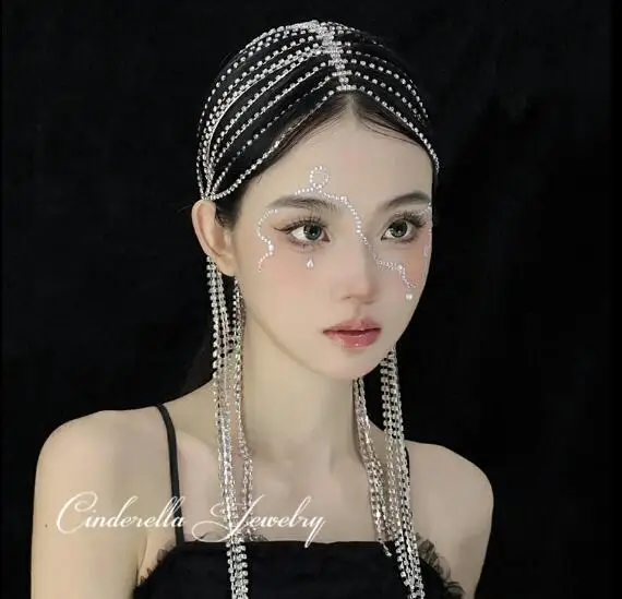 

European and American Rhinestone Tassel Hair Chain Stage Show Performance Shining Headwear