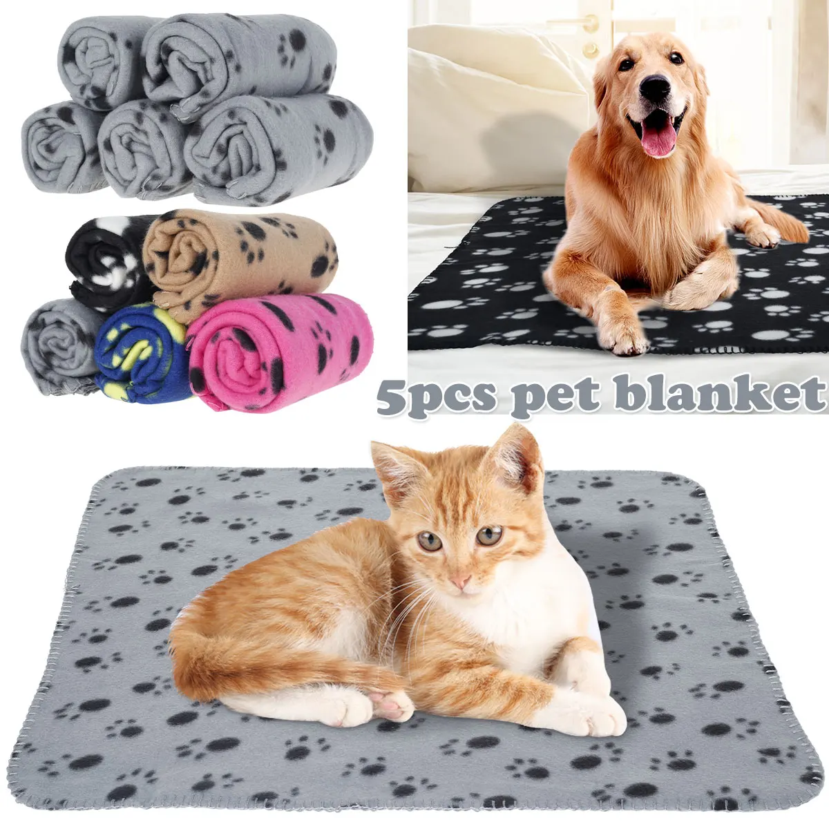 

5Pcs Pet Blanket Dog Cat Blanket Dog Puppy Blanket Washable Paw Print Fleece Blanket Lightweight Warm Pet Sleep Mat Durable