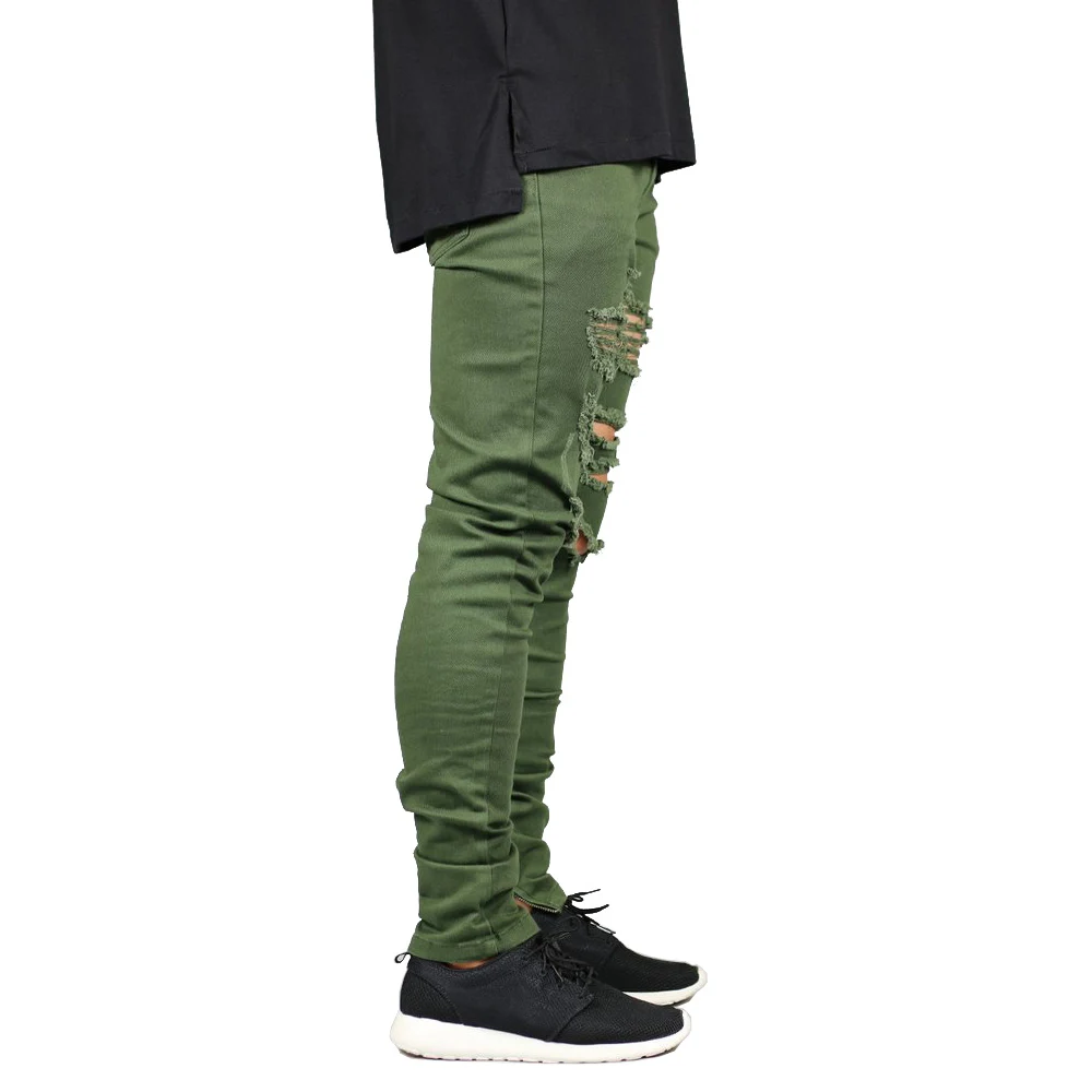 Men Zipper Destroyed Jeans Stretch Fashion Army Green Ripped Men Skinny Jeans Y2631