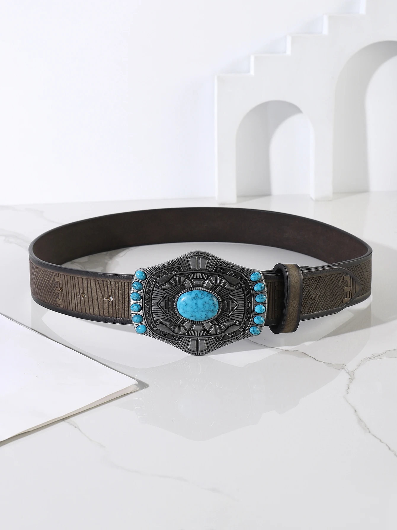 Fashion Embossed Strap Zinc Alloy Buckle with Turquoises Belts for Women