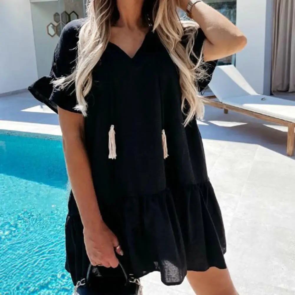 

Summer Mini Dress V-neck Short Sleeve Lace-up Tassel Short Dress Loose Casual Ruffles Big Hem Mini Dress Female Clothing