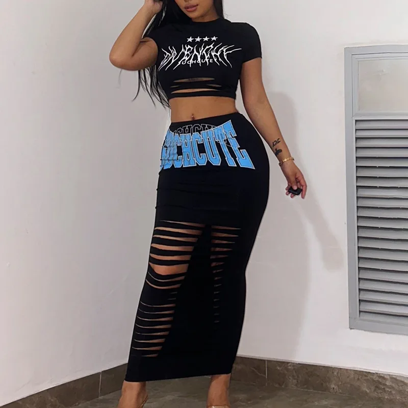 

Street Style Letter Print Two Piece Set Women Summer Short Sleeve T-shirts Crop Tops Bodycon Long Skirts Fashion Casual Suits