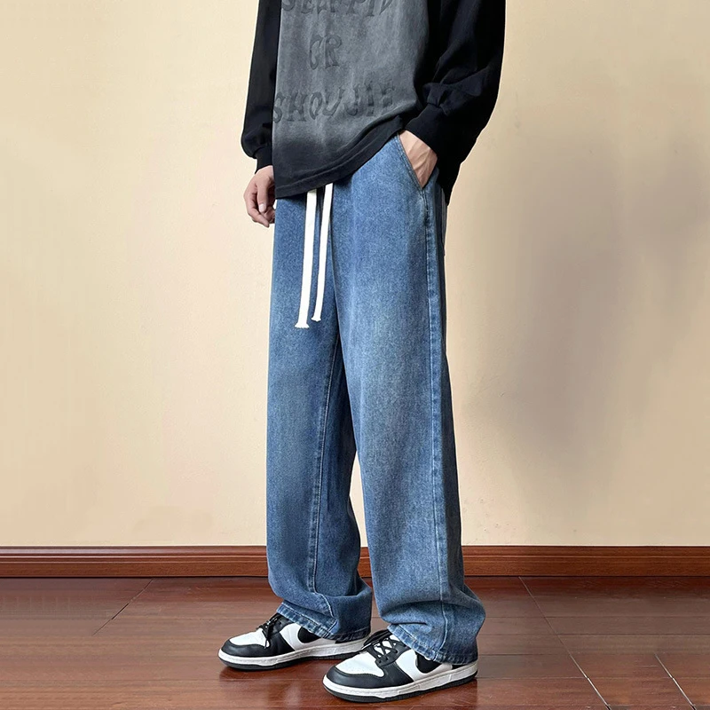European and American Men's Fashion American High Street Wide-leg Jeans Elastic Waist Drooping Loose Straight Pants Streetwear