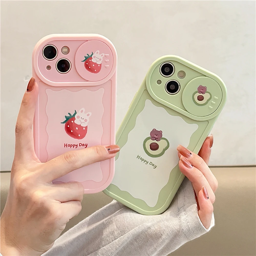 

Cute Bear Cartoon Rabbit Slide Camera Lens Protection Phone Case For iPhone 13 12 11 Pro X XR XS Max Strawberry Soft Back Cover