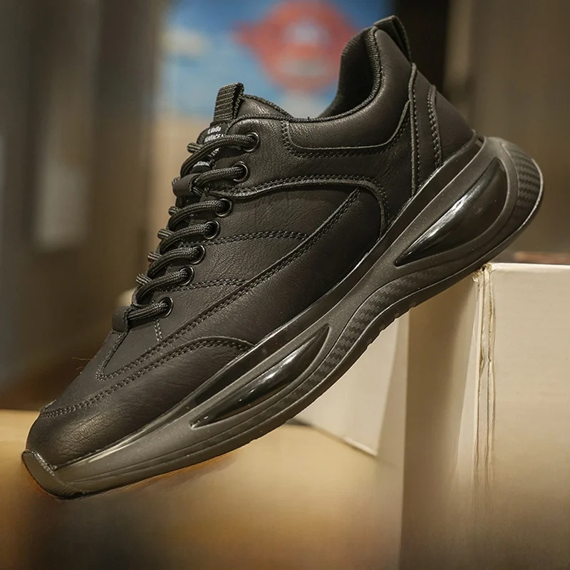 Men's Shoes Winter New Sneaker Full-grain Leather Casual Black Thick Bottom Trendy Fleece-lined Warm Daddy