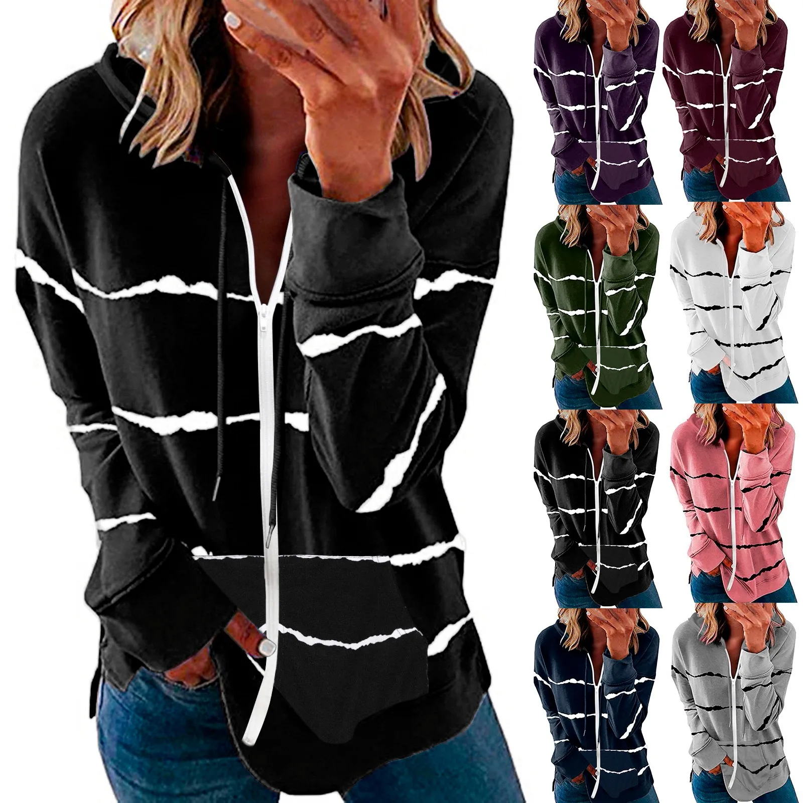 

Hoodies Women Striped Sweatshirt Zipper Coat Thicker Tops Autumn Hooded Tracksuit Coat Jacket Casual Ladies Slim Jumper Moletom