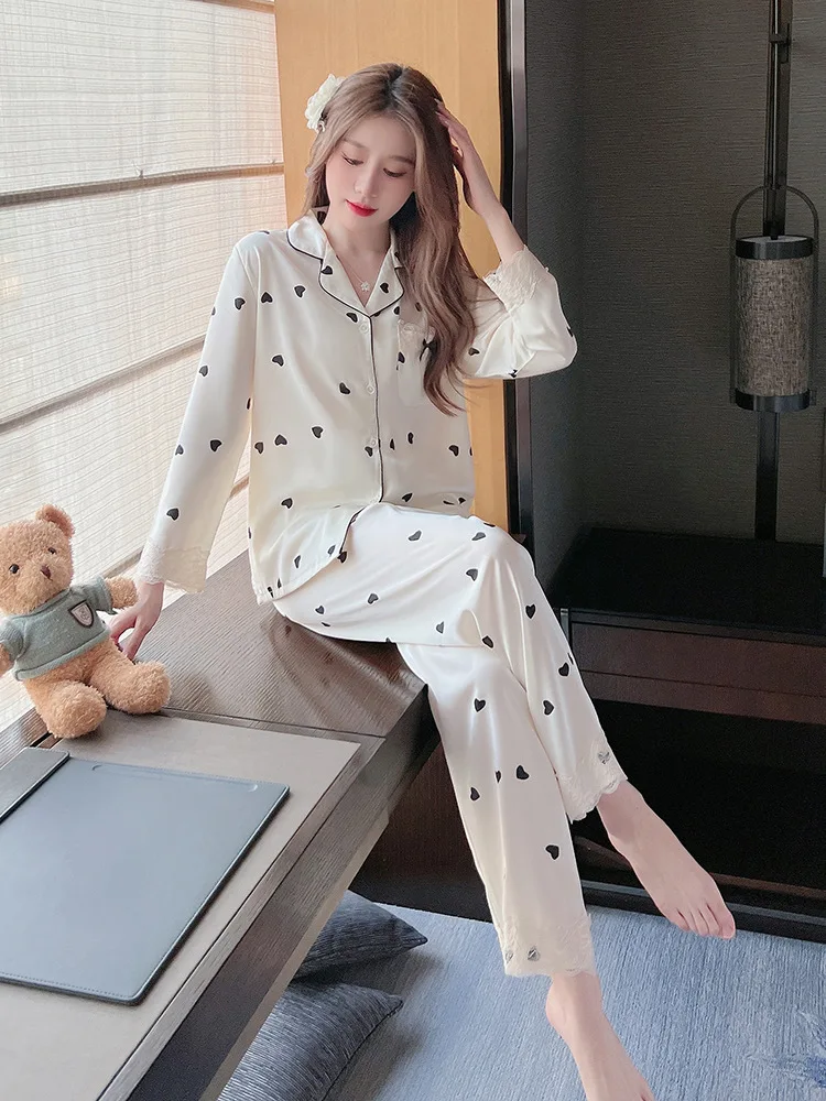 Spring and Autumn New Love Wave Dot Long Sleeve Pajamas Women's Imitation Silk Sweet Ice Home Fur