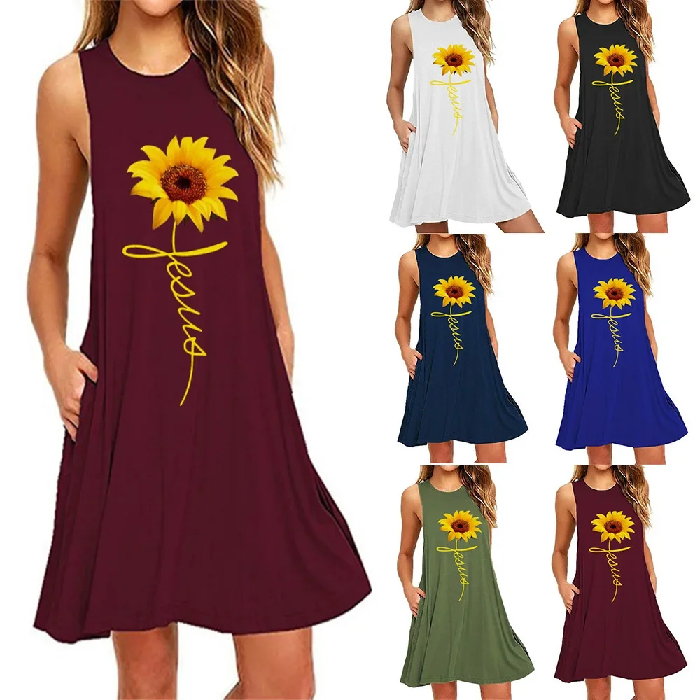 Распродажа женское платье трапециевидной формы без рукавов с принтом