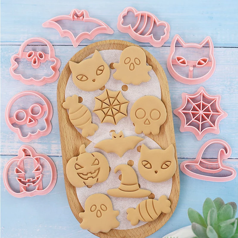 

8PCS Halloween Cookie Cutters Witch Hat Bat Pumpkin Skull Candy Cat Spider Web Fondant Embosser Cutter for Halloween