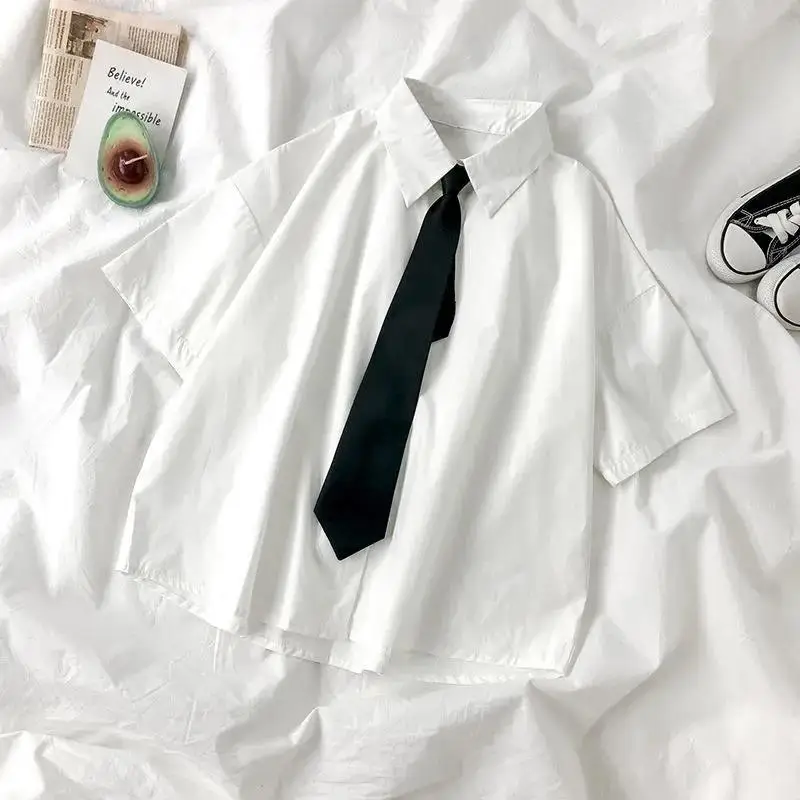 Chemise blanche avec cravate pour femmes, Style japonais, Preppy, étudiant BF, chemisier surdimensionné, Simple, solide, ample, été, L3204
