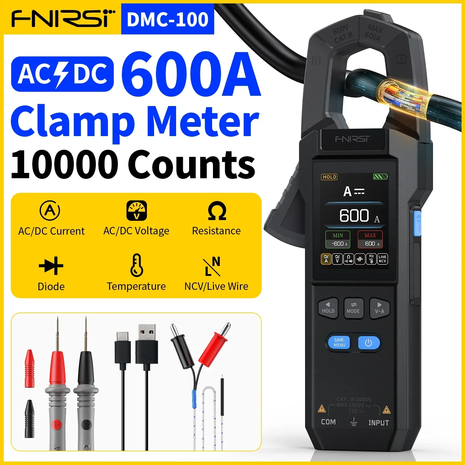 Тестер клещей FNIRSI DMC-100 600A с 10000 отсчетами идеально подходит для измерения напряжения постоянного и переменного тока