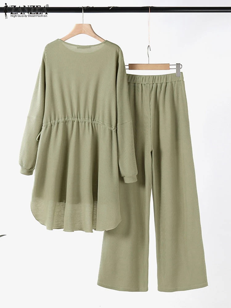 ZANZEA осенние женские однотонные комплекты из 2 предметов повседневные топы на