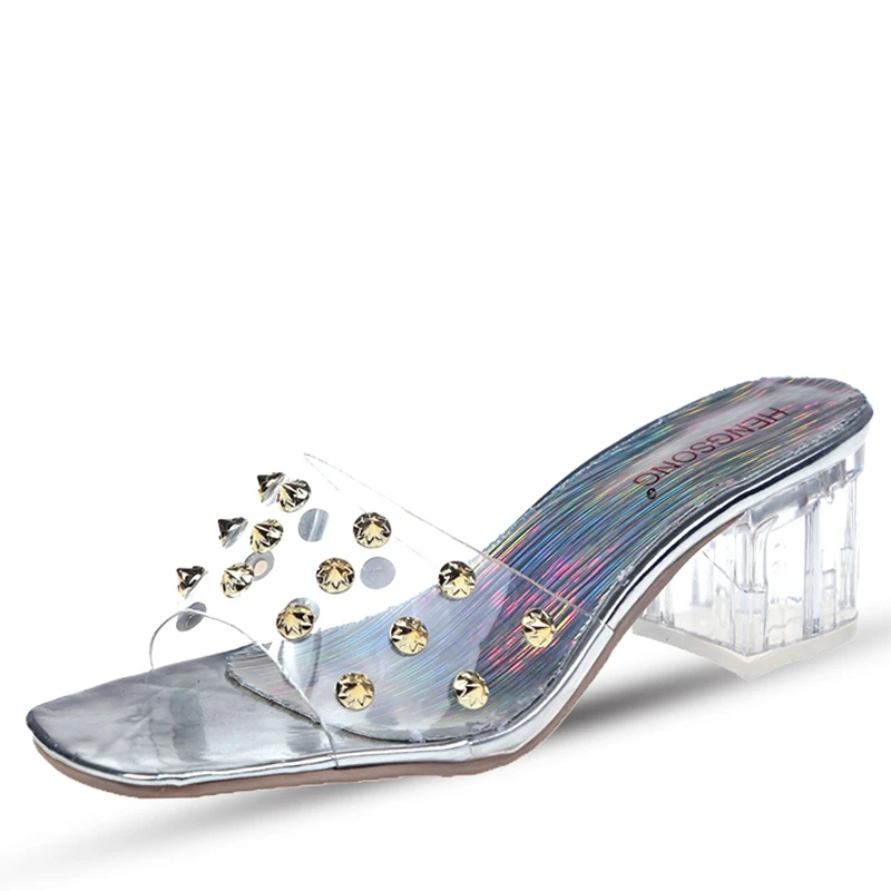 

2022 Transparent Slippers Women Shoes Square Heels Slippers Woman Colored Dress Shoes Rhinestone Heeled Rivets Slides