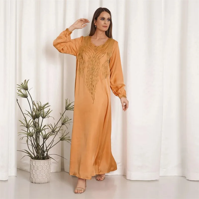 African Dress Elegant Women Loose Robe Muslim Maxi Dress Yellow Hot Diamond Long Sleeve Dress 2023 Casual Ethnic Costume Vestido