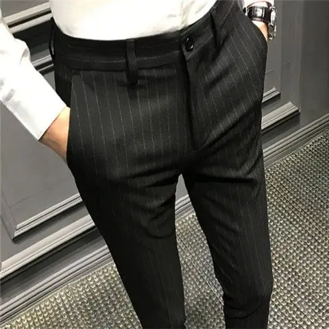 British Style Men Business Casual Dress Pants Men Belt Design Slim Trousers Formal Office Social Wedding Dress Suit Pant W22