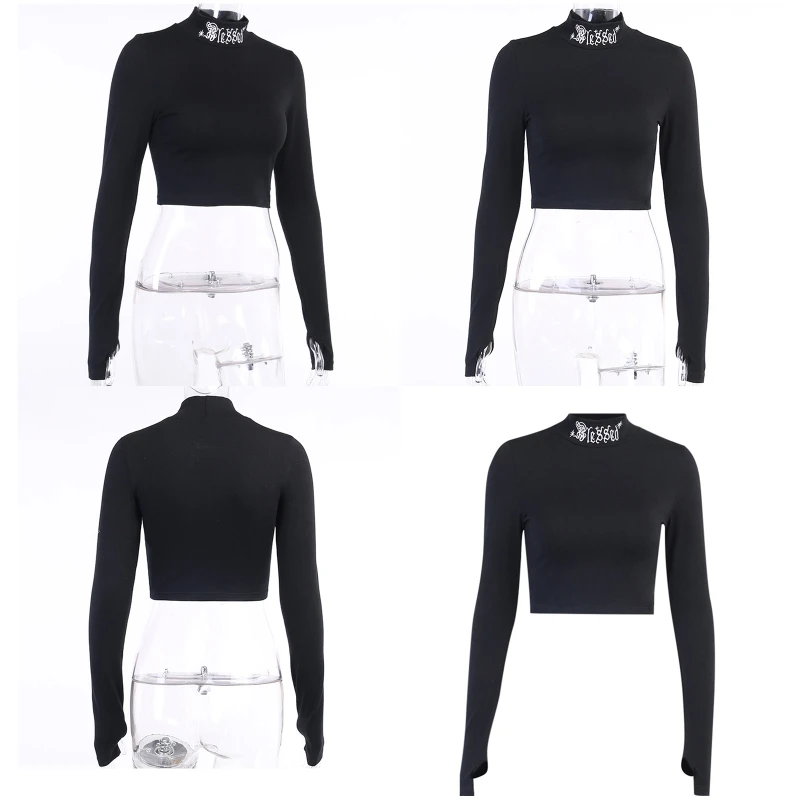 

Women Gothic Punk Black T-Shirts Harajuku Letters Embroidered Turtleneck Long Sleeve Crop Top Basic Bodycon Slim Tee