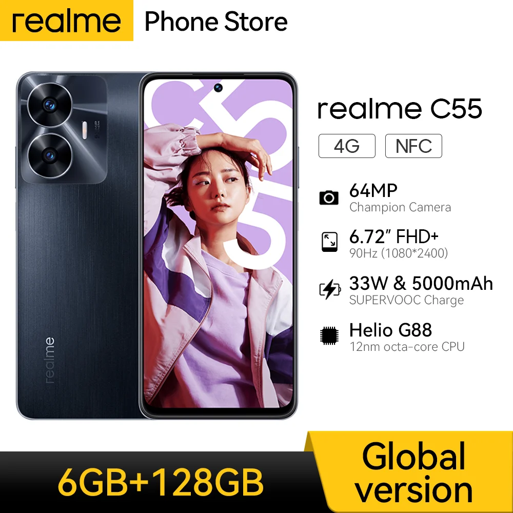 

Смартфон realme C55, процессор Helio G88, 64 мп, AI-камера, 6,72 дюйма, FHD +, 90 Гц, дисплей, аккумулятор 5000 мАч, зарядное устройство, 33 Вт