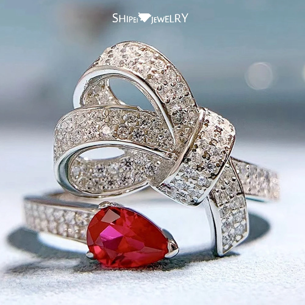 Shipei 925 Sterling Silver Pear Ruby High Carbon Diamond Gemstone Fine Jewelry 18K Gold Plated Open Adjustable Bowknot Ring Gift