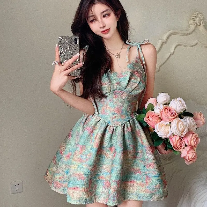 

2023 Women'S Suspenders Dress New Retro Oil Painting Printed Waistband And Open Back Free Shipping