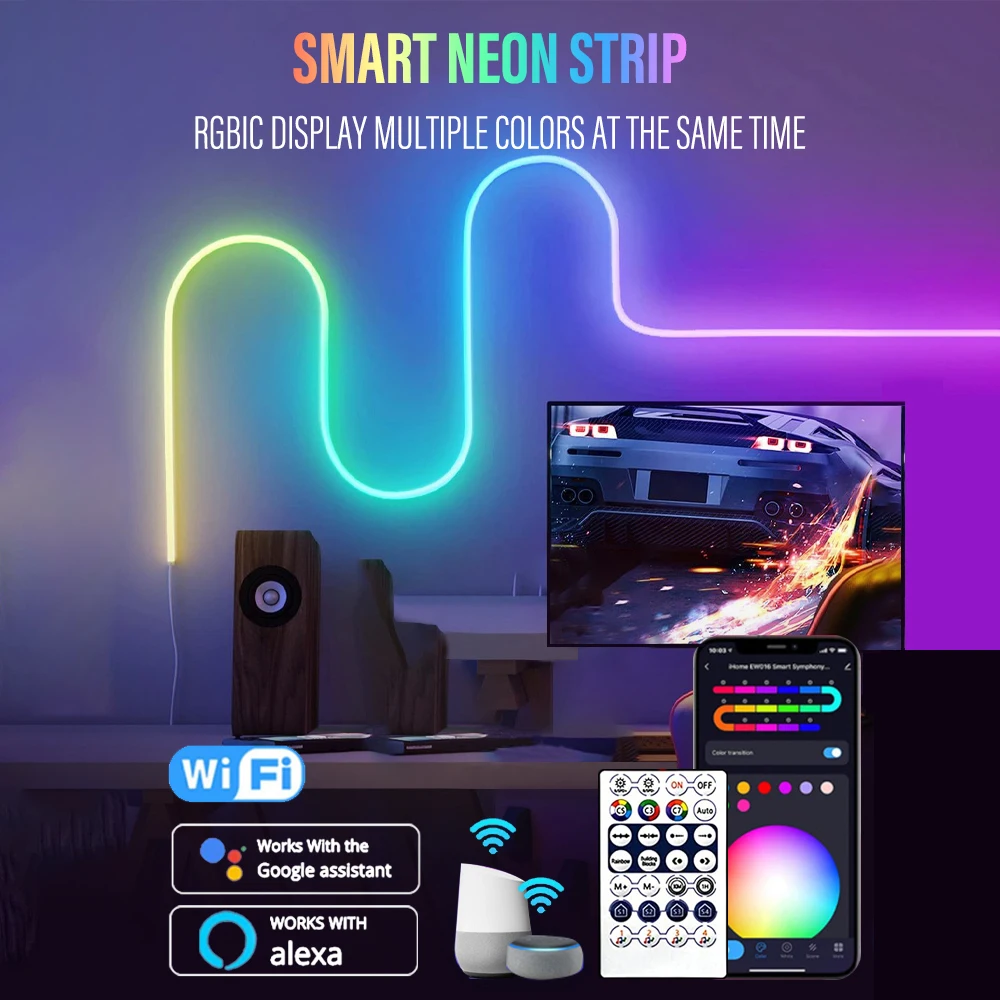 

Flexible LED Neon Strip RGBIC Smart WIFI APP RemoteControl Music Sync TV Background Light Game Room Bedroom Decor Backlight Lamp