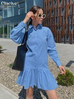 clacive fashion blue cotton womens dresses 2022 casual lapel long sleeve mini dress elegant slim single breasted female dress