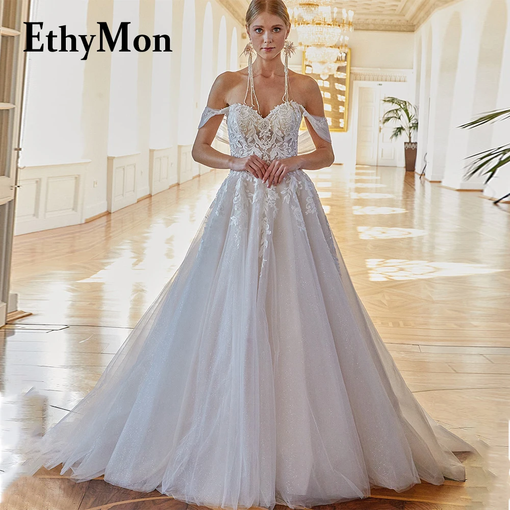 

Ethymon Lace Up Sweetheart Appliques Bling Wedding Dresses 2023 Bride Sequined Court Train A-LINE Vestidos De Novia Customised