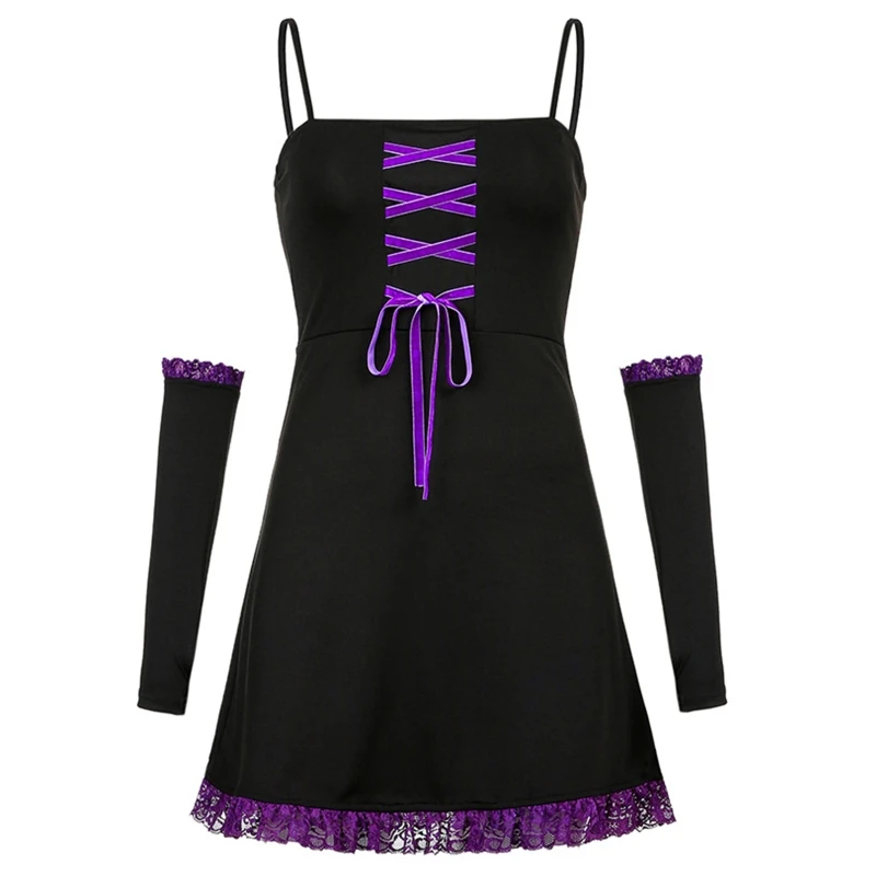 

Women Gothic Sexy Sleeveless Lace Trim Bandage Slim Mini Dress with Arm Sleeves