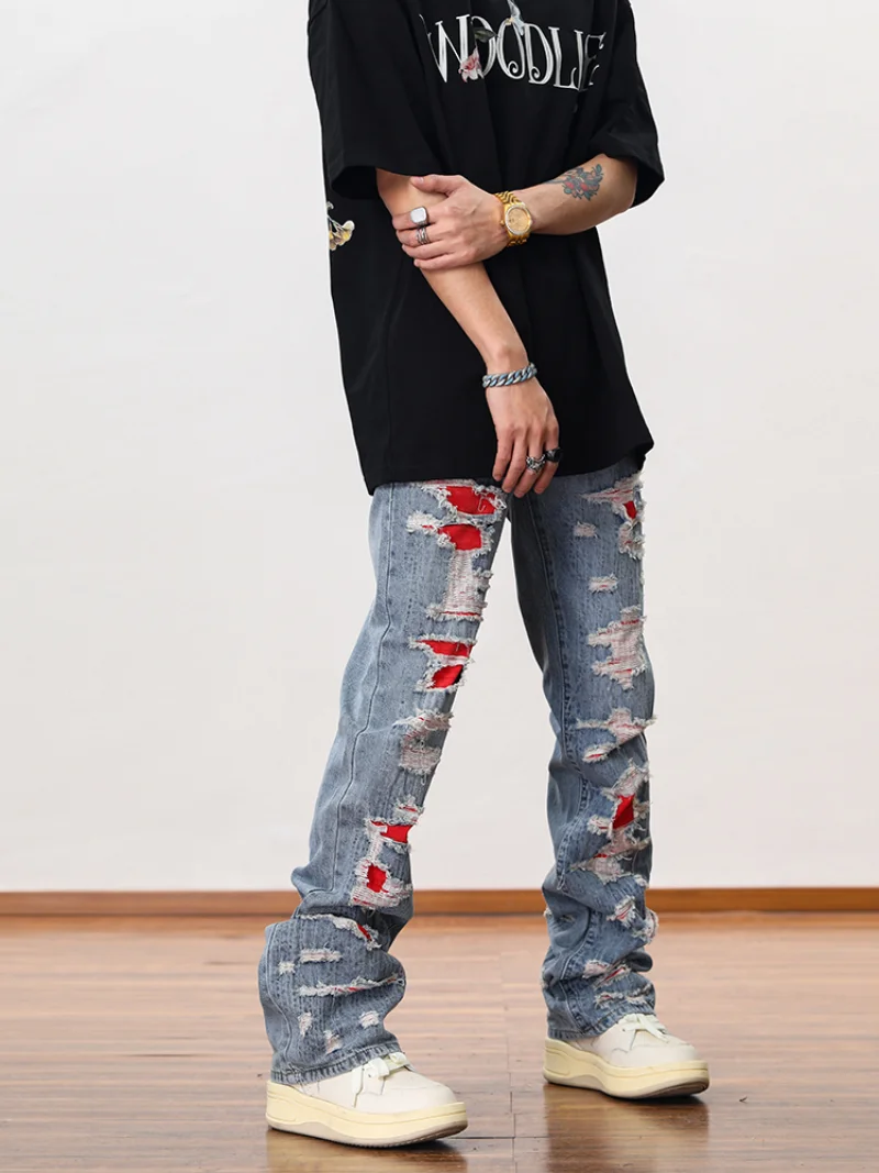 Men Distressed Ripped Destroied Denim Jean Pants New Fashion Patchwork Biker Jeans Streetwear Flare Pants Jogger Y2k Men’s Jeans