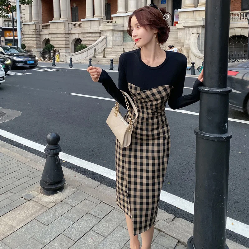 

Autumn Lattice Splicing Women Dress Long Sleeve Office Lady Female Bodycon Dress Temperament Sheath Midi Black Womens Dress