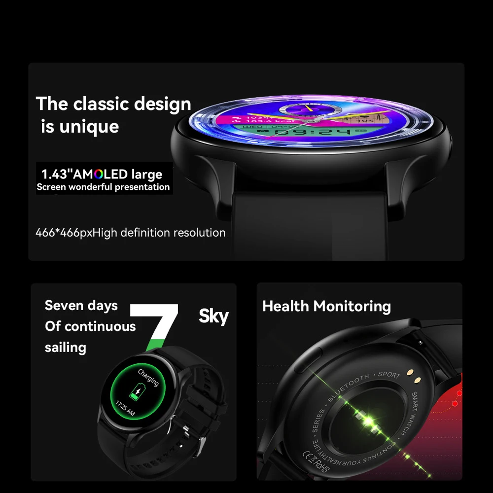 Мужские умные часы 1 43 дюйма AMOLED Blue Tooth Call Heartrate Always on Display Bracelet Женские