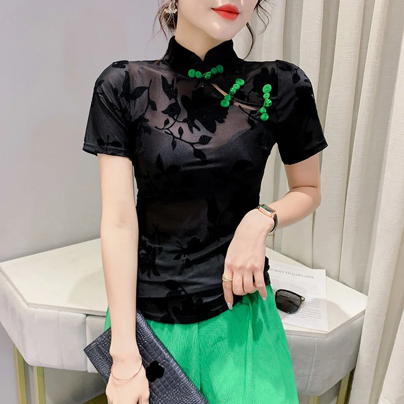 

chinese buckles blouse 2022 new summer women national style design sense retro buttoned shirt sexy mesh slim fit tops real photo