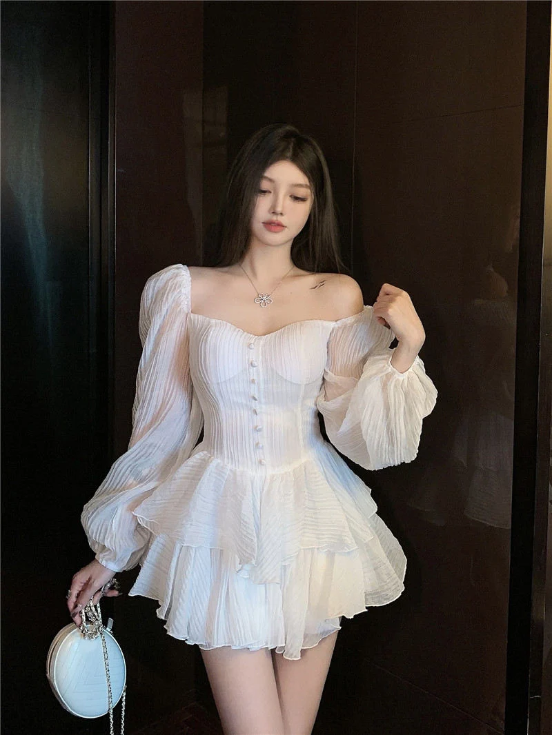 French White Chiffon Dress Women 2022 Spring and Summer New Ruffled Slim Waist Puff Sleeve Princess Cake Dresses