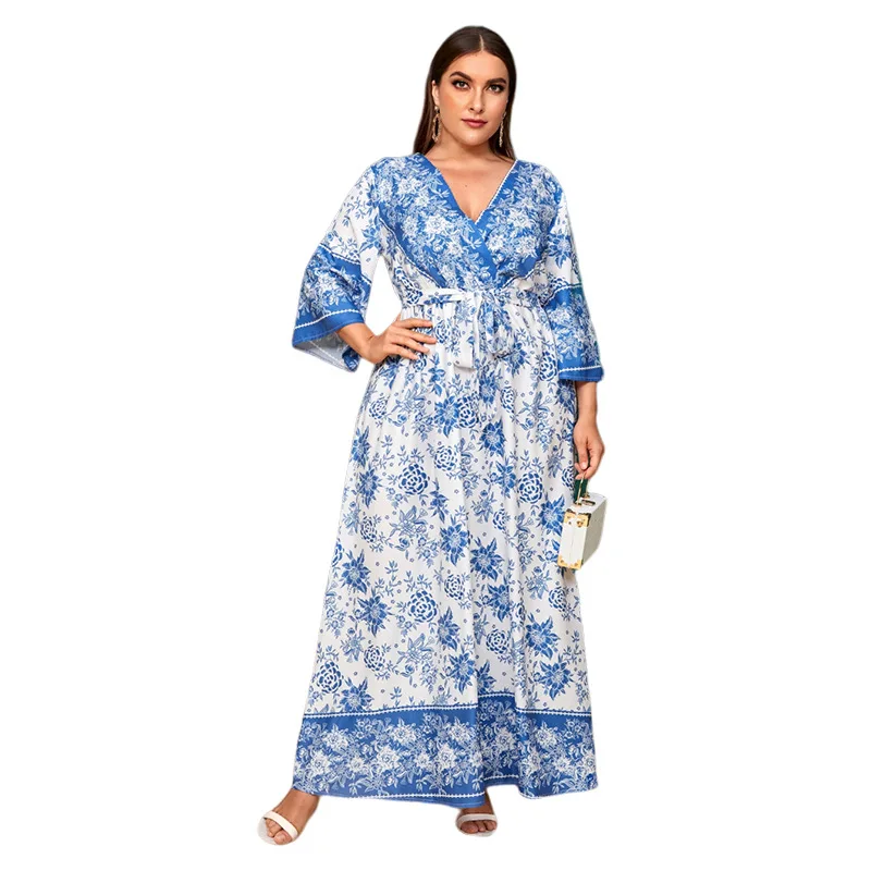 Платье-рубашка с этническим принтом Рамадан ИД абайя кимоно V-образным вырезом