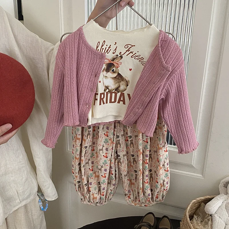 

3 шт., детские свободные брюки с принтом кролика, на весну-осень