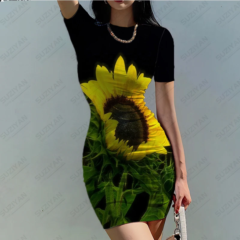 

2023 Summer New Fashion Women's 3D Printing Sunflower Temperament Sexy Style Women's Tight Round Neck Short Sleeve Dress