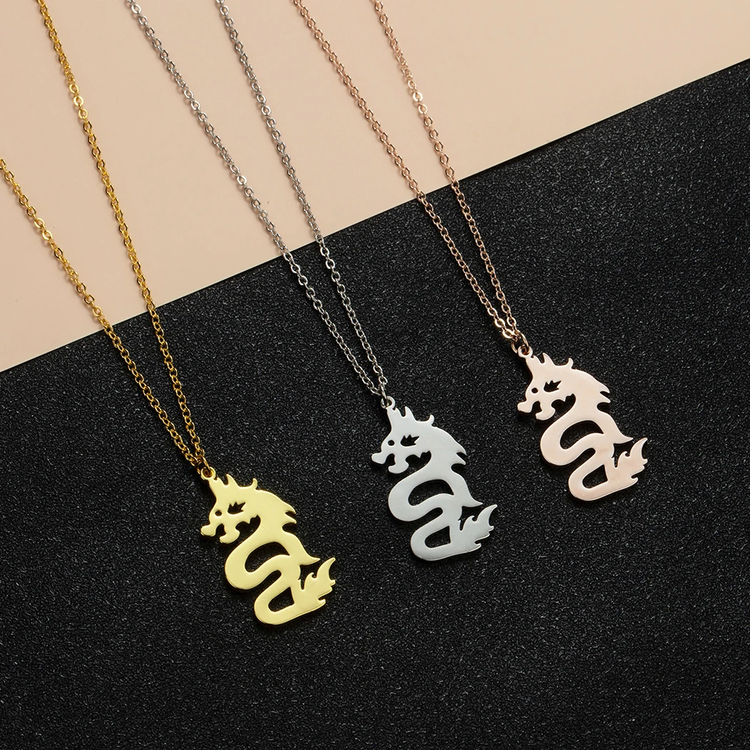 Chereda Stainless Steel Men Dragon Necklace Mythical Dragon Silhouette Shaped Pendant Necklace In Gold  Handmade Animal Jewelry