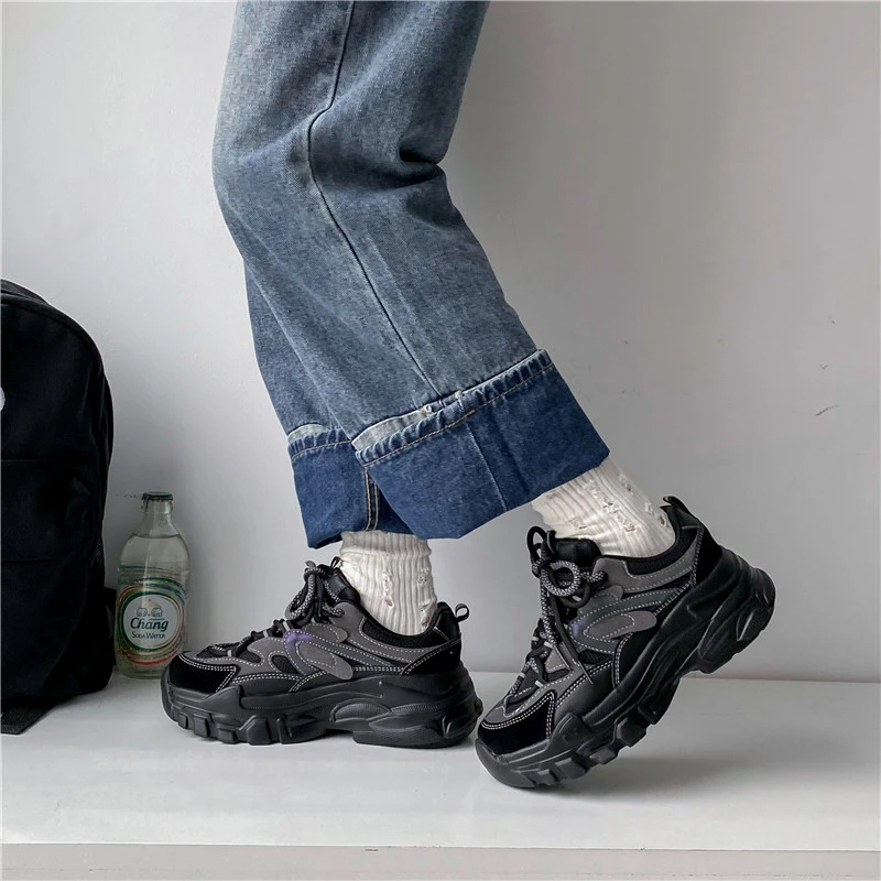 2023 New Spring Women Casual Sneakers Woman Fashion Platform Flats Lace Up Outdoor Walking Shoes Black