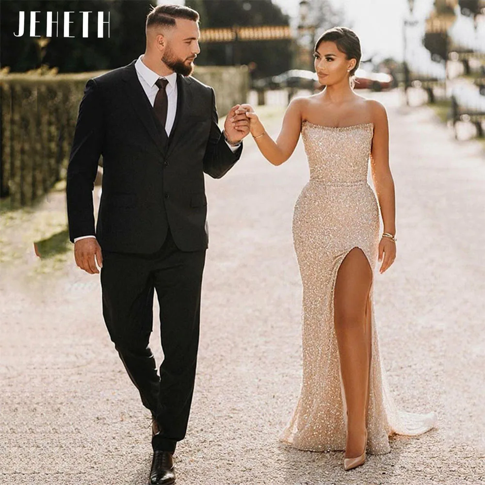 JEHETH Champagne Sexy Strapless Sequin High Side Split Prom Dresses Mermaid Lace-up Backless Evening Celebrity Party Gown Women