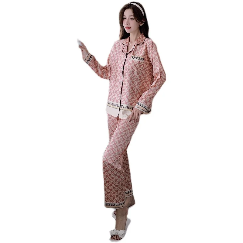 Ice Silk Pajamas Women's Spring and Autumn Long-sleeved Two-piece Thin Silk Home Service Silk Sexy Large Size Women's Pajamas