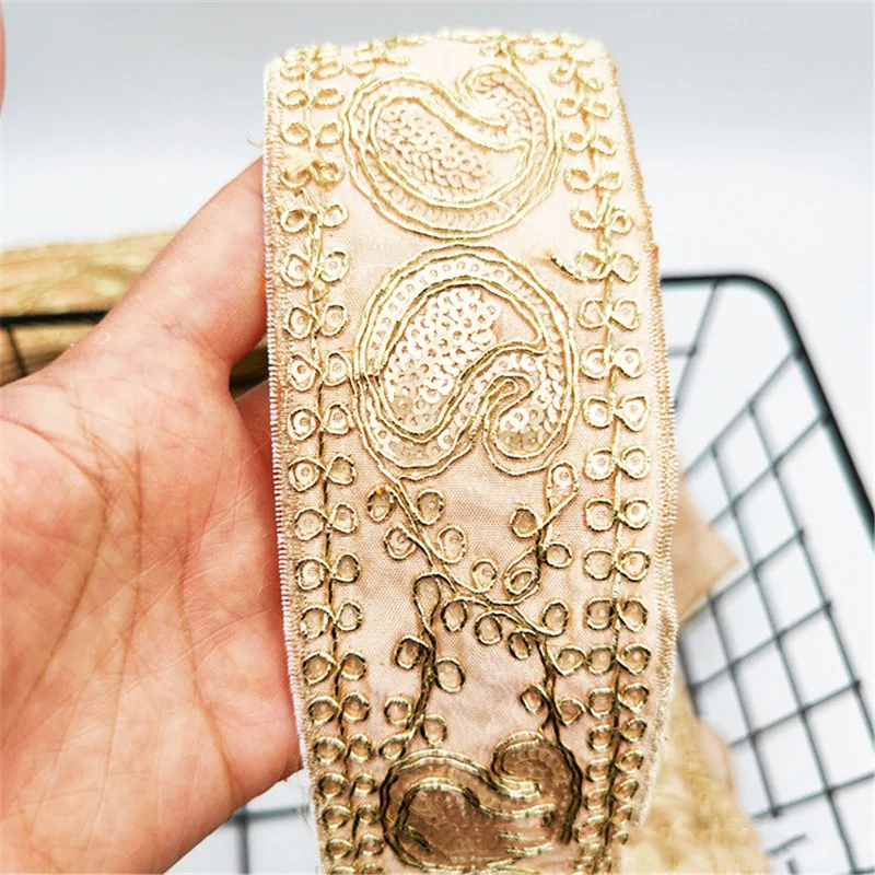 

5.5 CM Wide Ethnic Style Embroidered Lace Gold Strands Cashew Nuts DIY Garment Collar Shoes Material Webbing Barcode Accessories