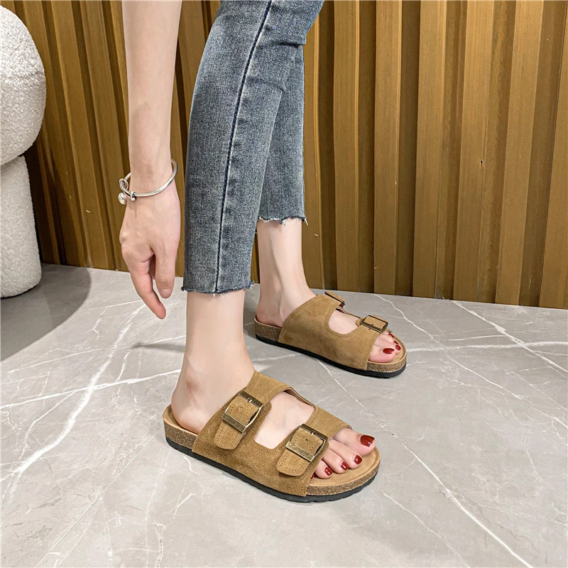 Big Size 35-42 Women Suede Leather Sandals 2023 Slippers Summer Soft Cork Buckle Flip Flops Women Beach Casual Woman Shoes