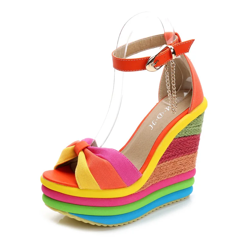 

Ladies Super High Heel Wedge Sandals Straw Fish Mouth Roman Rainbow Large Size Women's Shoes