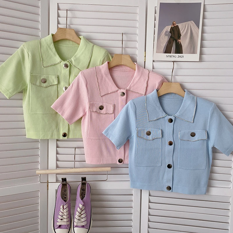 

Autumn Knitted Women Jackets Casual Turn Down Collar Short Sleeve Tops Single Breasted Korean Fashion Woman Jacket Coat Dropship