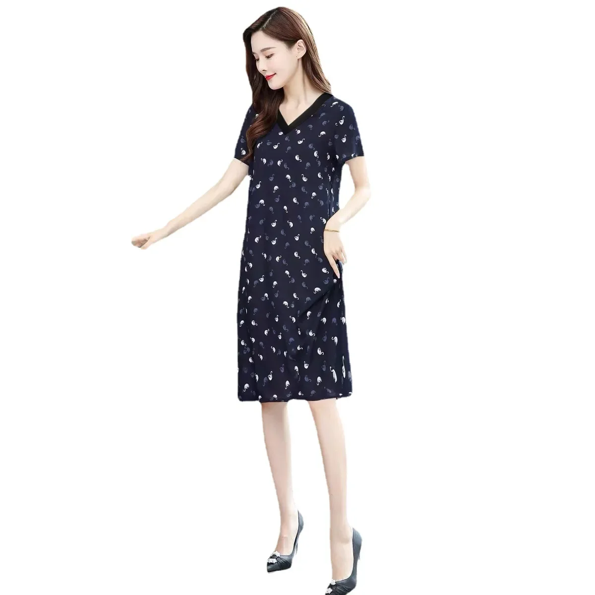 Стройнящие Платья с коротким рукавом и принтом свободные платья средней длины