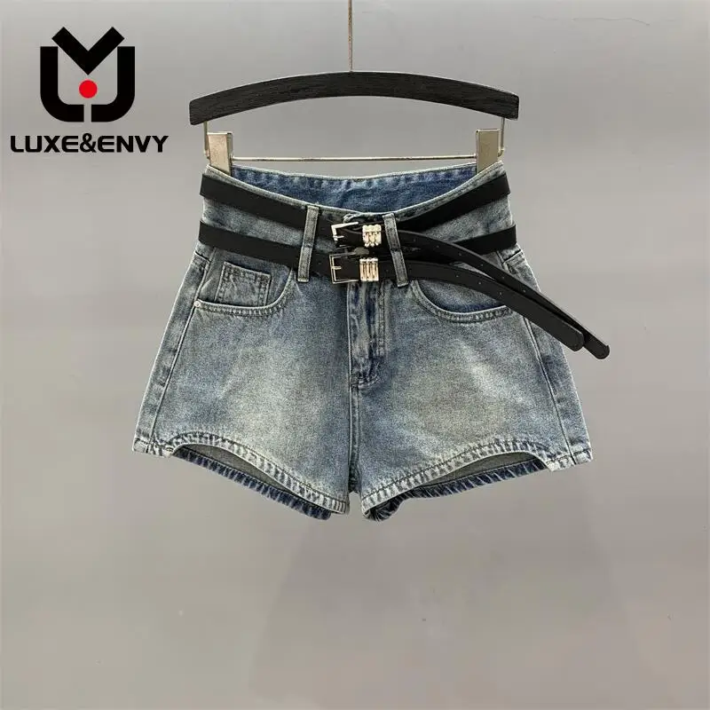 

LUXE&ENVY Same High Waist Denim Shorts Women's Summer 2023 New Sweet And Spicy Wash A-line Double Belt Wide Leg Pants