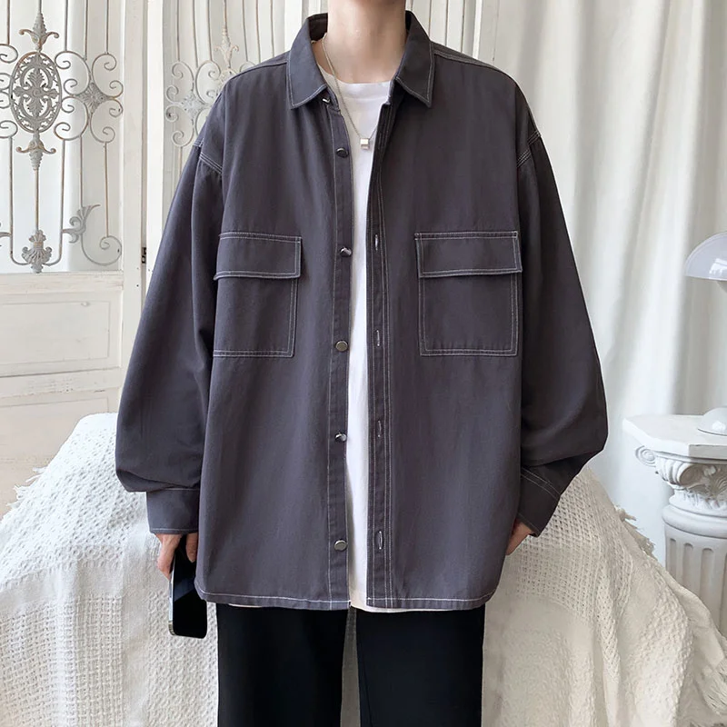 Autumn Cotton Long Sleeve Shirts Men Fashion 3 Colors Retro Pocket Tooling Shirts Mens Japanese Loose Casual Shirts Men M-3XL
