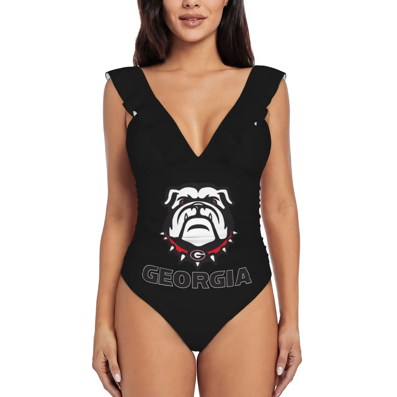 

Рубашка Georgia Bulldogs | Футболка Bulldog | Новый купальник с принтом бульдога, купальник с глубоким V-образным вырезом и оборками, Цельный купальник, ...
