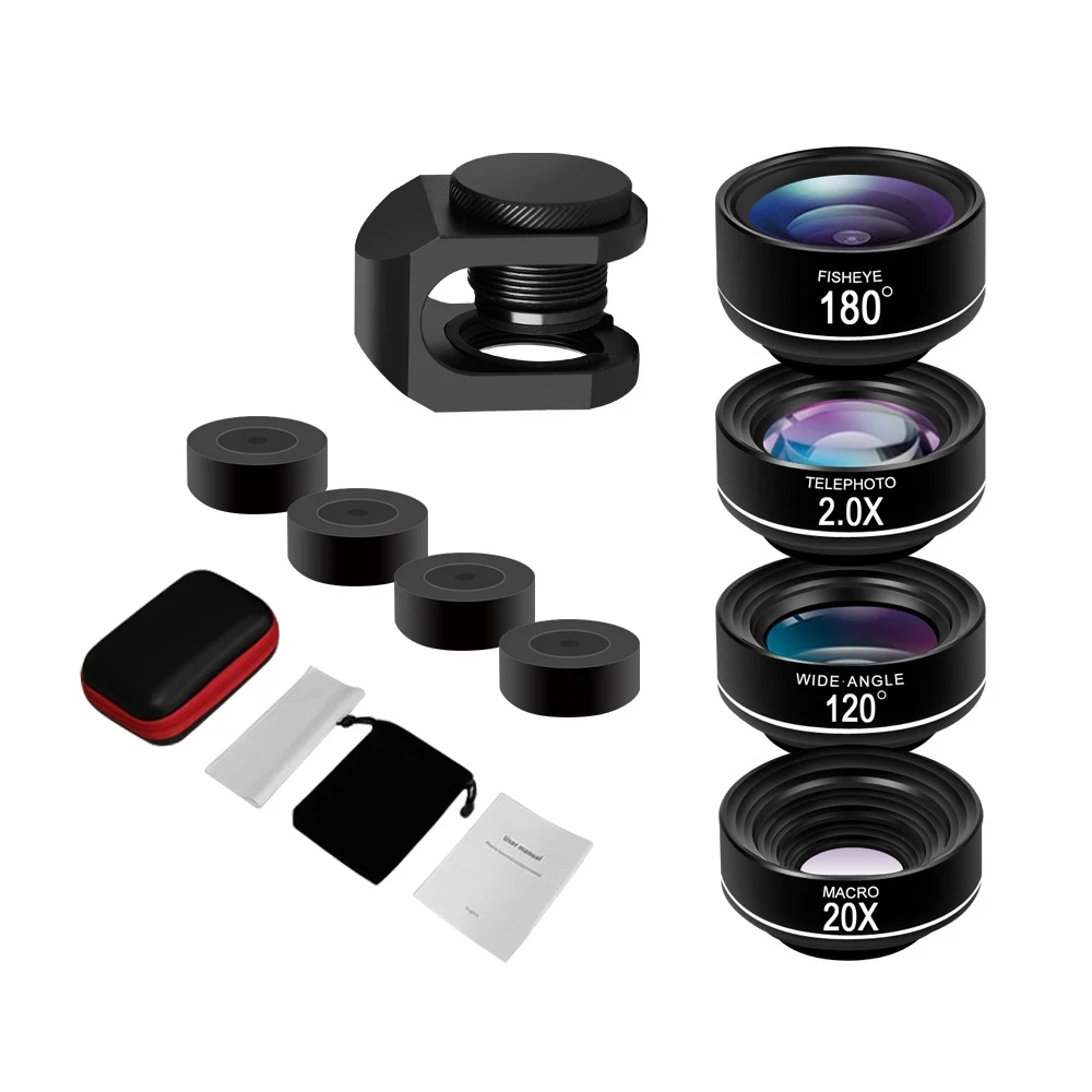 

Phone Camera Lens Kit 4 in 1 180 Degree Fisheye Wide Angle Lens 20X Macro Lens 2.0X Telephoto Lens for iPhone Android Smartphone